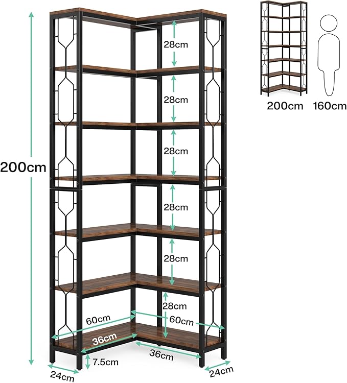 Tribesigns Corner Shelf, 7-Tier Industrial Corner Bookshelf, Wood and Metal - Image 2
