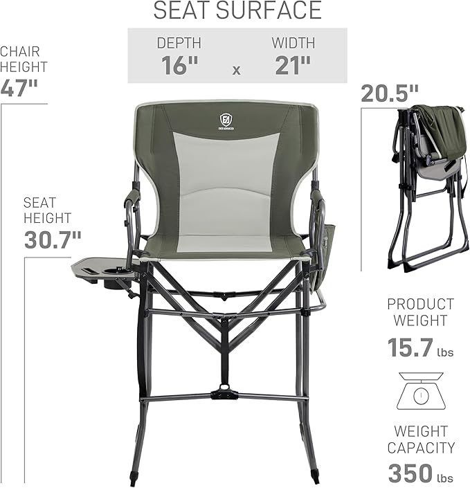 EVER ADVANCED Portable 30.7" Seat Height Tall Folding Camping Chair Directors - Image 2
