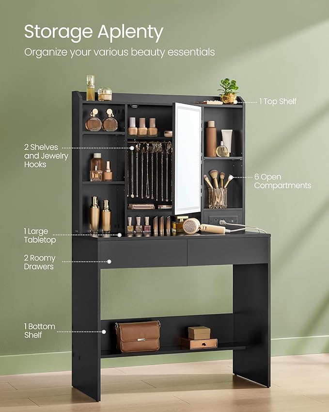 VASAGLE Vanity Desk with Power Outlets, Makeup Vanity with Mirror and Lights - Image 5
