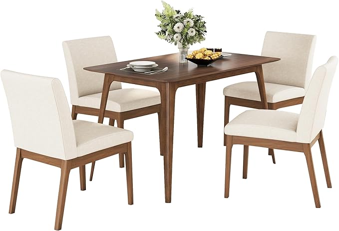 Dining Table Set for 4, Solid Rubberwood Upholstered Chairs, Mid-Century Modern - Image 4