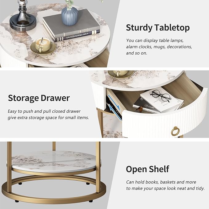OIOG Round Side Table with Drawer, 2 Tier Night Stand with Shelf, Modern Side - Image 6