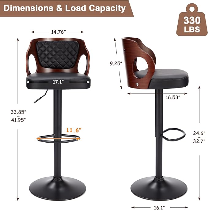 VECELO Bar Stools Set of 2, Adjustable Counter Height Stools - Image 2