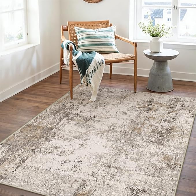 4x5 Washable Area Rug Brown Grey Neutral Abstract Entryway Kitchen Non Slip Low - Image 4