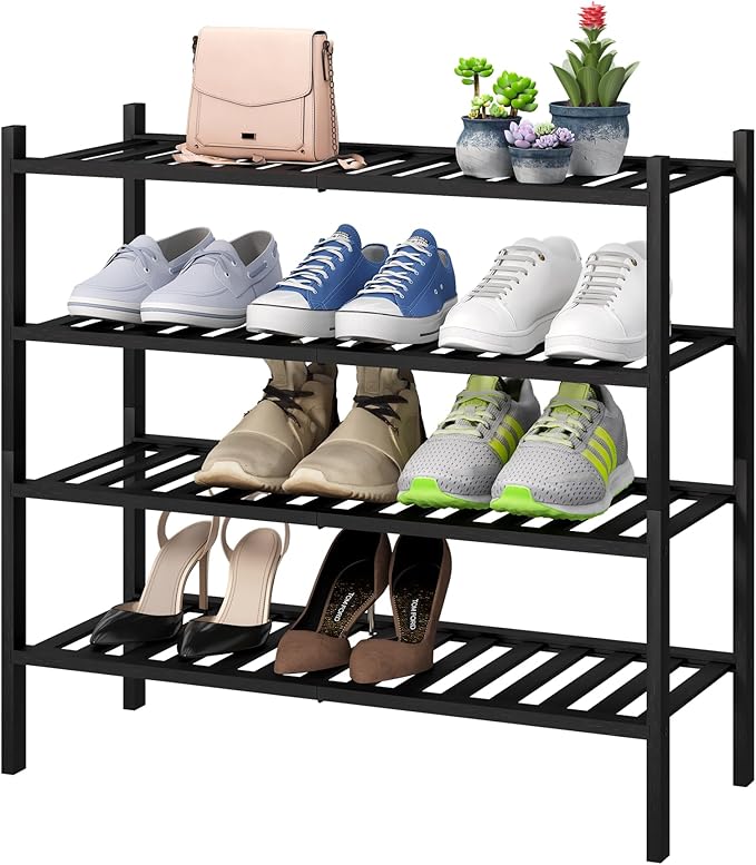 4-Tier Black Bamboo Shoe Rack for Entryway, Stackable | Foldable | Natural by VIEWCARE