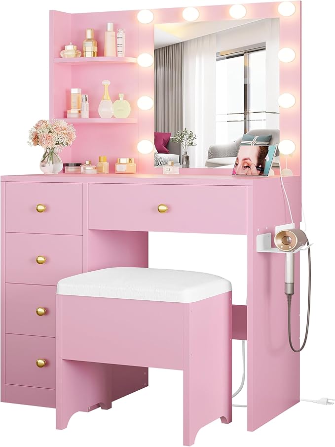 IRONCK Vanity Desk with Mirror and Lights, Small Makeup Vanity Table with 5 by IRONCK