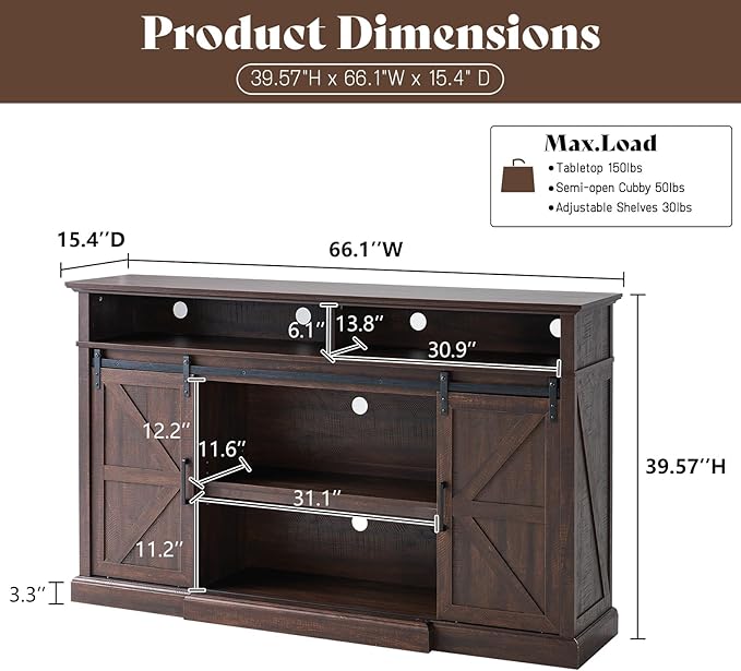 66" Farmhouse TV Stand for 75 Inch TVs, Rustic Media Console Table Storage - Image 2