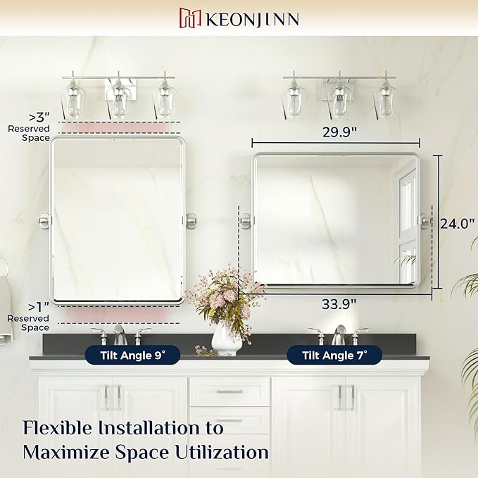 Keonjinn 24x30 in Brushed Pivot Mirror, Tilt Beveled Mirror Bathroom, - Image 9