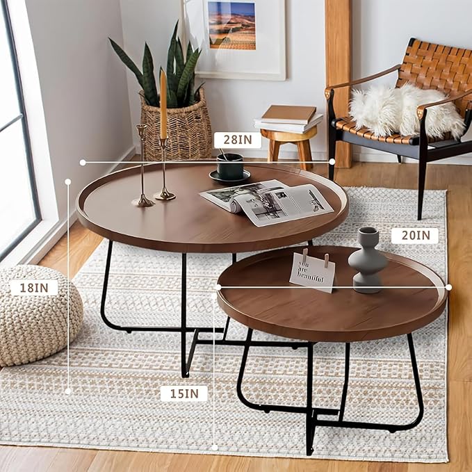 Round Nesting Coffee Table Set of 2, Mid Century Modern, Center - Image 2