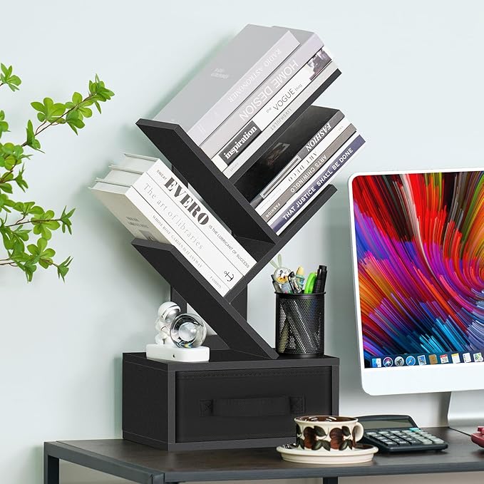 Small Book Shelf with Drawer, 4 Tier Black Tree Bookshelf, Wooden Desktop - Image 5