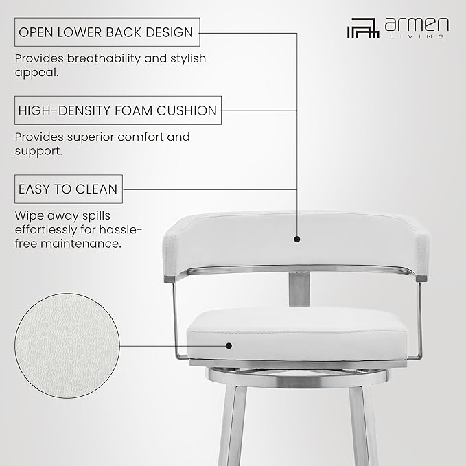 Armen Living Lorin Modern 30" Seat Height White Faux Leather and Brushed - Image 11