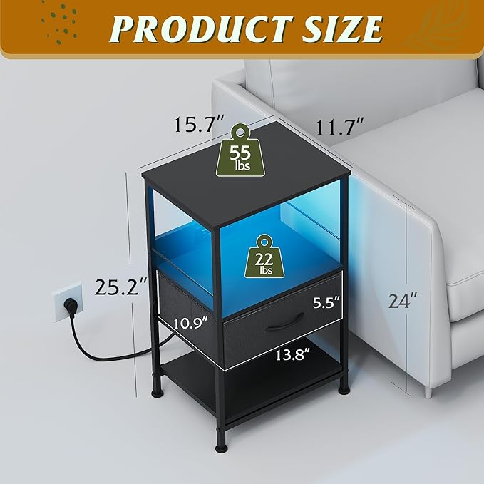 WLIVE Night Stand with Charging Station, LED Nightstand with Adjustable Fabric - Image 3