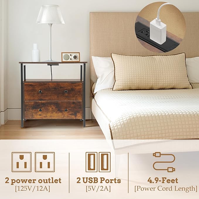 27 inch Wide Nightstand with Charging Station, Bedside Table with Open Shelf - Image 5