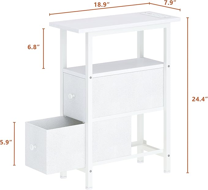 End Table with Charging Station, Narrow Side Table with 2 Fabric Drawers - Image 3