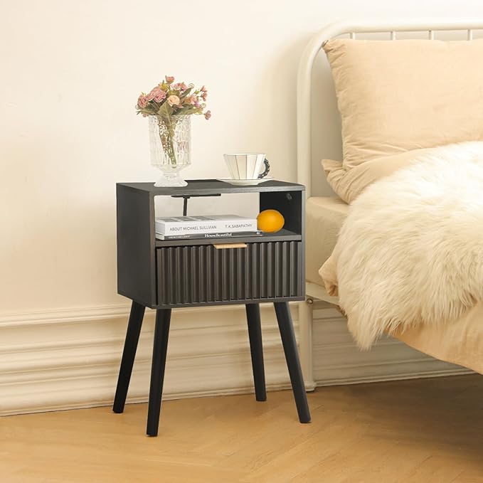 Black Nightstand with Charging Station, Mid Cetury Modern Nightstand with - Image 8