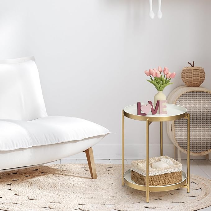 TeoKJ 2 Tier Gold Side Table, Folding Round Metal End Table Small Nightstand - Image 4