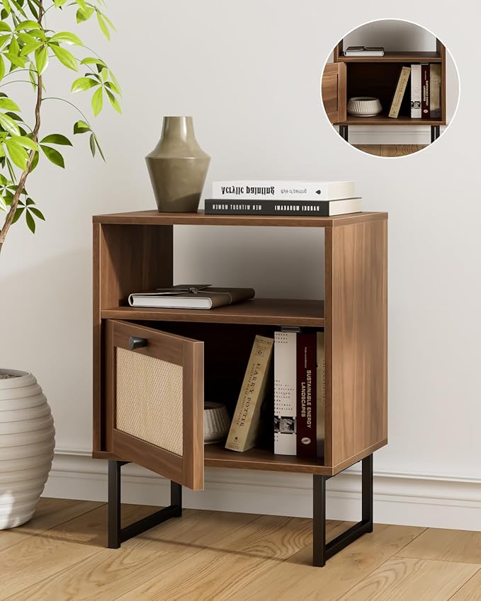 Rattan Nightstand, Boho Night Stand Farmhouse Wood Bedside Table - Image 5