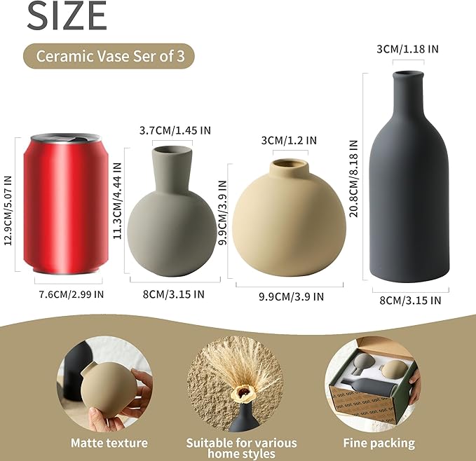 Ceramic Vase Set of 3, Flower Decorative Vases Home Decor Boho Neutral Modern - Image 2