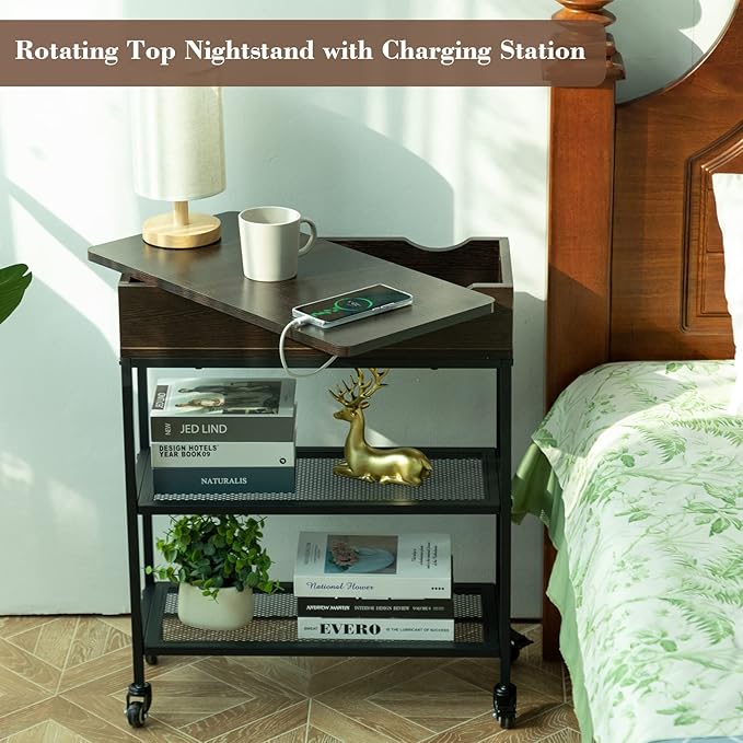 Hadulcet End Table with Charging Station & Rotating Top, Couch End Table - Image 4