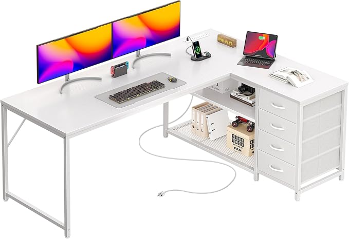 PRAISUN 61" L Shaped Desk with Power Outlets and USB-C Port, Reversible by PRAISUN