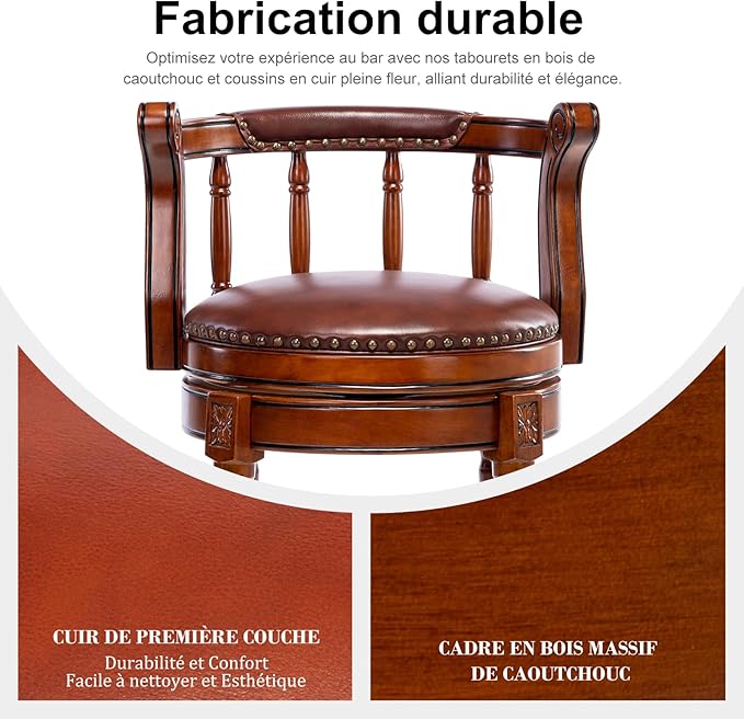 Cow top Leather Wooden Bar Stools, 360 Degree Swivel Bar Height Chair - Image 4