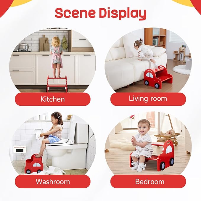 Wooden 2 Step Stool for Toddlers|Red Car Kids Stool - Image 5