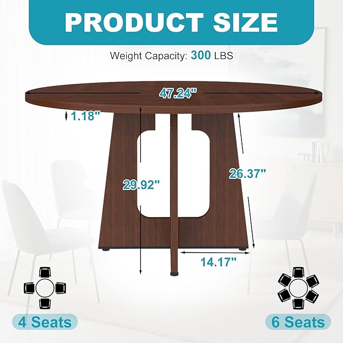 47" Round Dining Table for 4-6, Modern Small Dinner Table Farmhouse Round - Image 2