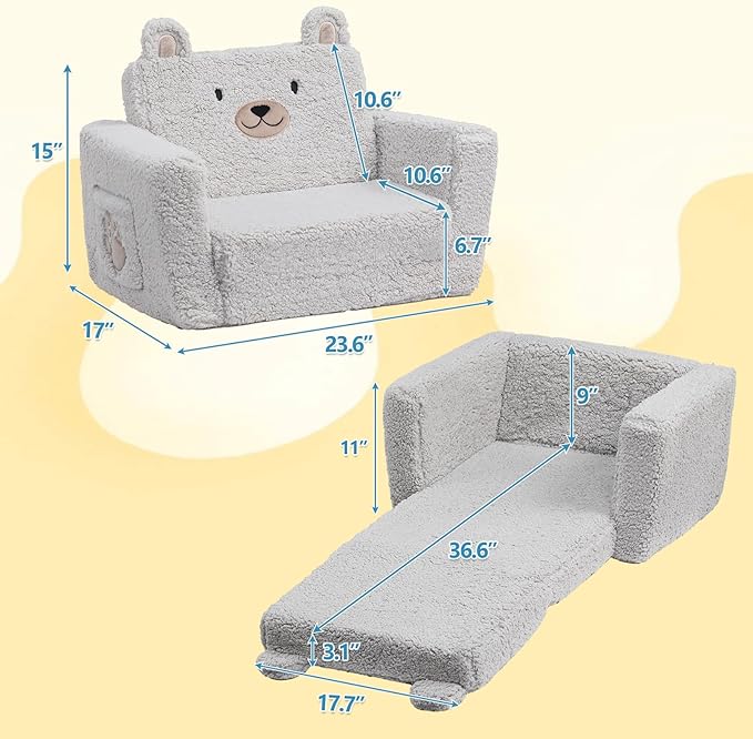 ALIMORDEN Fold Out Toddler Couch, Comfy 2-in-1 Cuddly Sherpa Bear Chair - Image 3