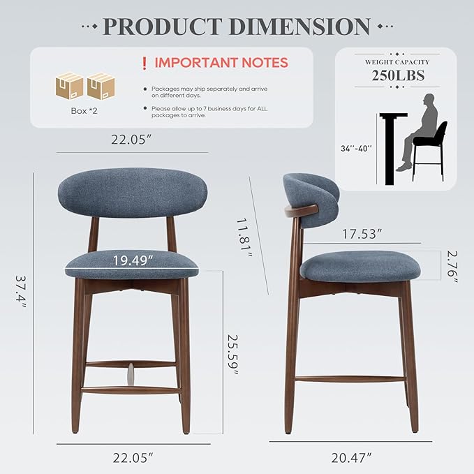 Upholstered Counter Height Bar Stools Set of 2, Modern Kitchen Island Barstools - Image 2