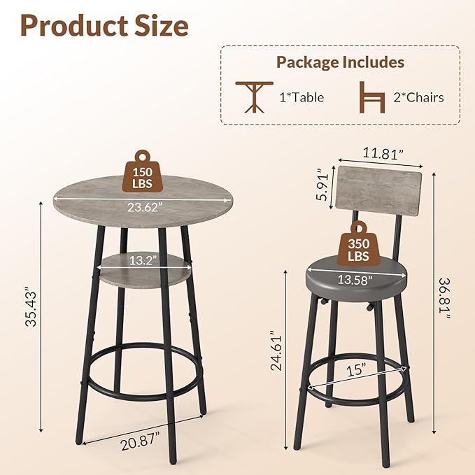 3 Pieces Round Bar Table and Chairs Set, Small Dining Table - Image 2