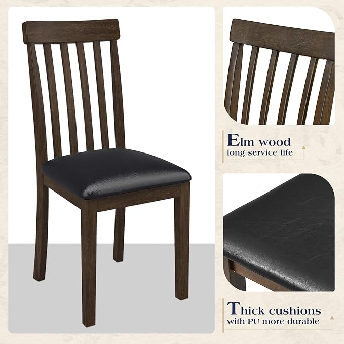 7-Piece Dining Table Set, Solid Wood Curved Backrests & PU Cushioned Seats - Image 5