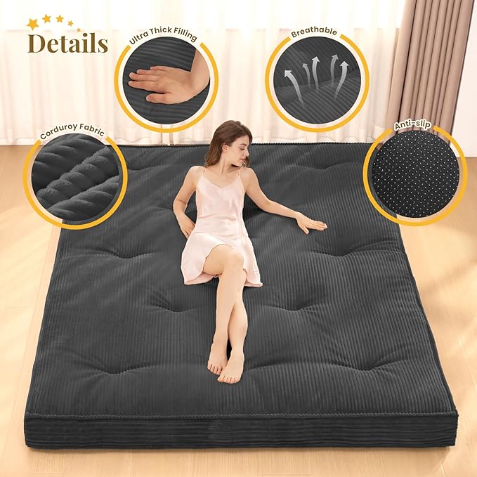 Japanese Floor Mattress, Corduroy Foldable Mattress Pad Roll Up Tatami Mat - Image 3