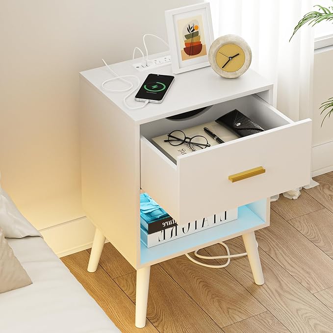 Nightstand with Charging Station and LED Lights, Small Side Table, Bedside - Image 7