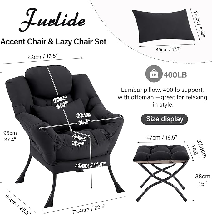 Lazy Chair with Ottoman, Comfy Fabric Accent Lounge Arm Chair with Lumbar - Image 3