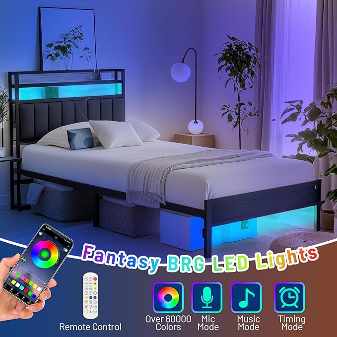 Twin Bed Frame with Headboard, Classic Metal Platform Bed Frame-LED Bed Frame - Image 7