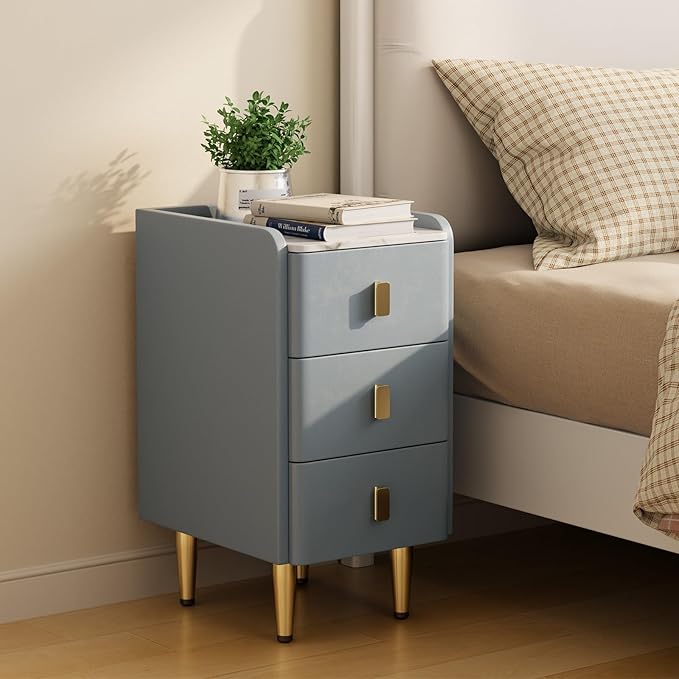 Narrow Nightstand with Drawers, Narrow Side Table Leather, Small Bedside Tables by AQIMUELE-Solidwoodfurniture
