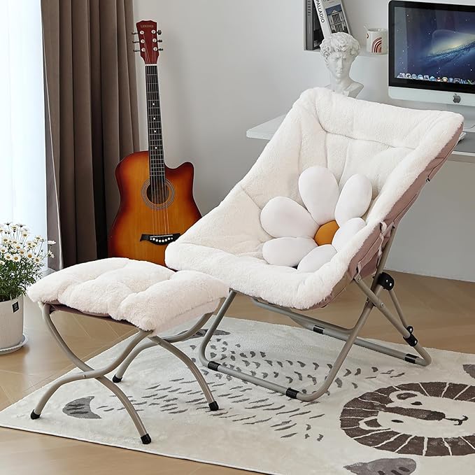 Comfy Folded Chair with Ottoman, Oversized Folding Faux Fur Chair Soft Furry - Image 5