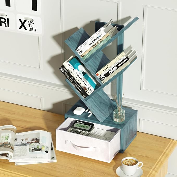 Small Book Shelf with Drawer, 4 Tier Black Tree Bookshelf, Modern Desk Display - Image 7