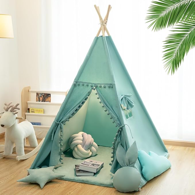 Teepee Tent for Kids with Mat, Star Lights, Carry Case, Cotton Canvas Playhouse by RONGFA