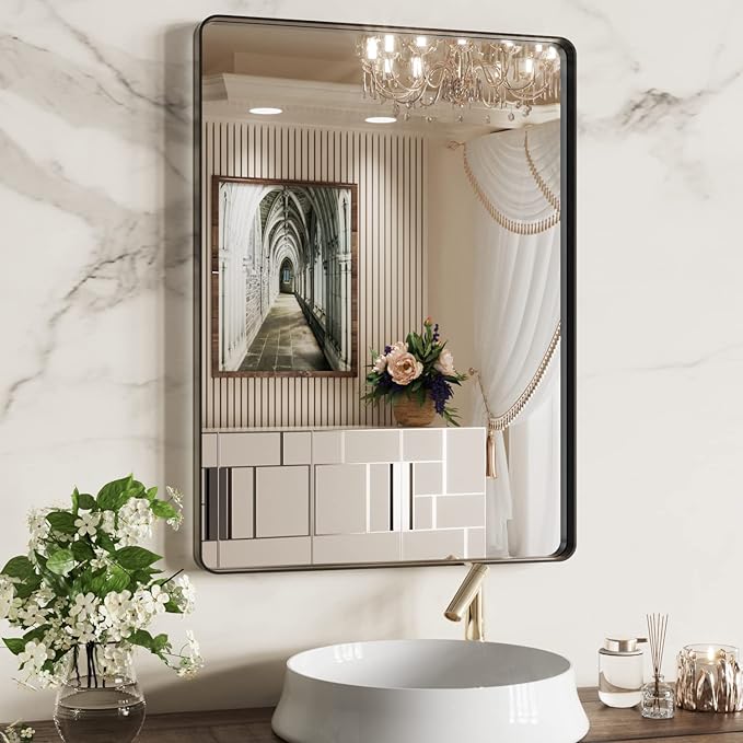 WEER Black Bathroom Mirror 22X30 Inch, Rounded Rectangle Matte Black Bathroom by WEER