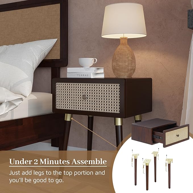 Bme Nipe Solid Wood and Rattan Nightstand, Fully Assembled, Woven Cane End Table - Image 3