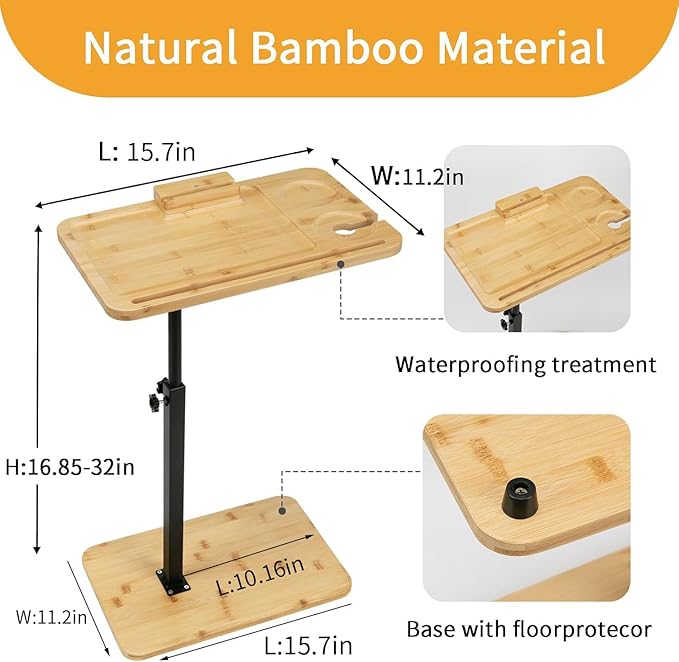 Bamboo Sofa Side Table Adjustable Height, Snack C Shaped End Table - Image 2