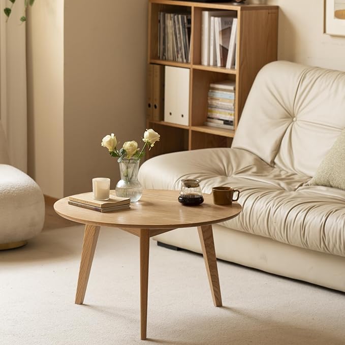 100% Solid Oak Wood Mini Coffee Table, Round Side Table w/Solid Wood Legs by Vadisun