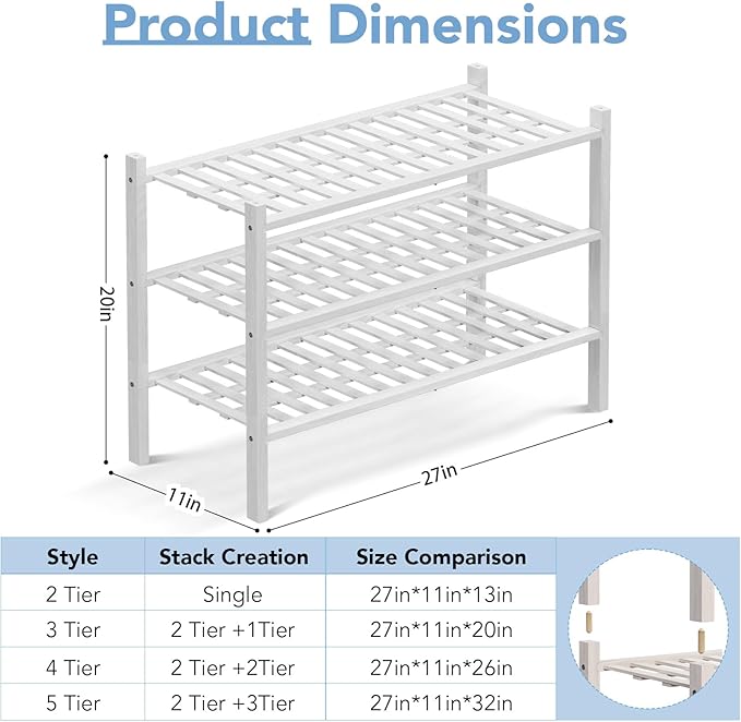 Haddockway 3 Tier Bamboo Shoe Rack Storage Organizer, Small Space 27"x11"x20" - Image 3