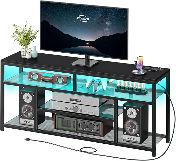 HOOBRO LED TV Stand with Charging Station, 4-Tier Entertainment Gaming Center - Image 8