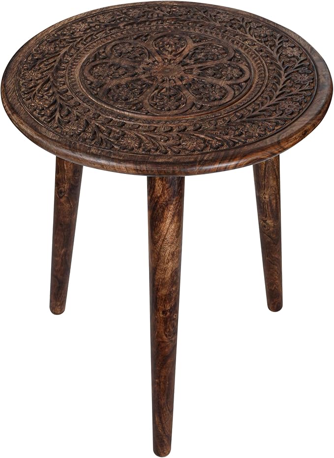Wooden Table with 3 Legs Pillar, Carving End Tables, Round Coffee Table - Image 8