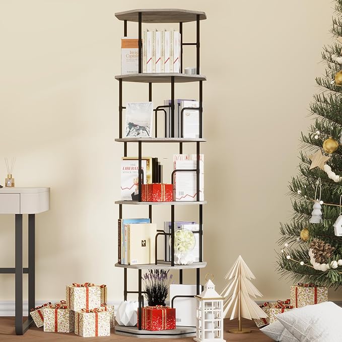 5 Tier Rotating Bookshelf, 360 Display Round Spinning Bookshelf Tower - Image 8