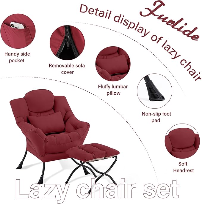 Lazy Chair with Ottoman, Comfy Fabric Accent Lounge Armchair with Lumbar Pillow - Image 8