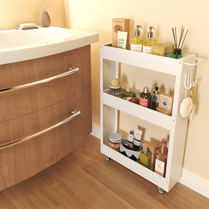 Slim Storage Cart, 5 in Width, 3-Tier White Rolling Cart - Image 7