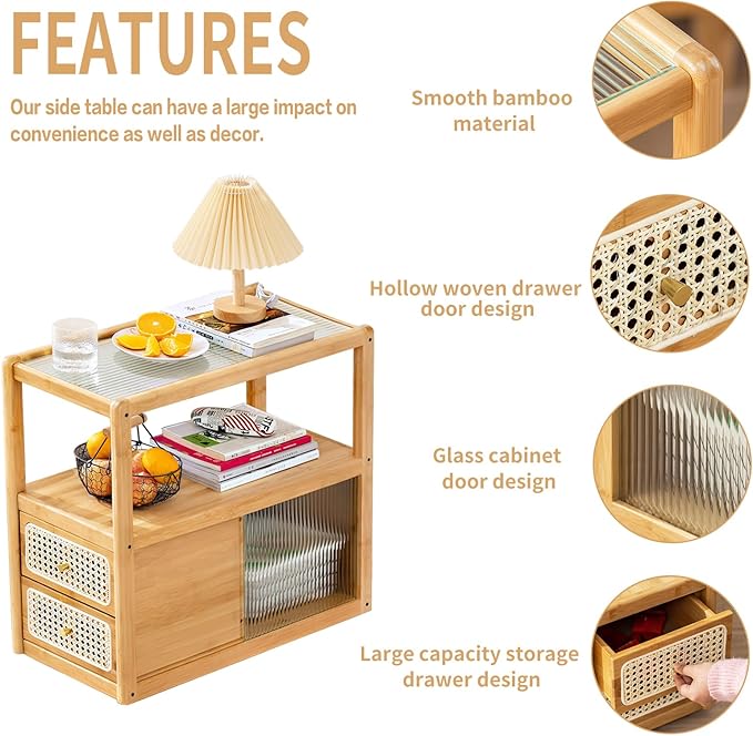 Tiita Rattan Nightstand Side Table, Bamboo Accent Bedside Tables, Glass Coffee - Image 3