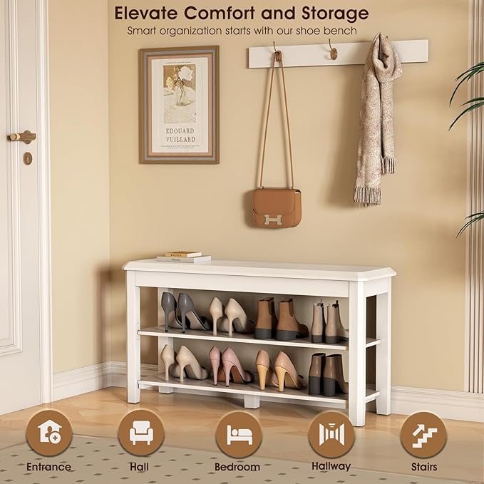 Shoe Rack Bench Seat Rubberwood 2-Tier Wooden Storage Bench 550lbs Compact - Image 3